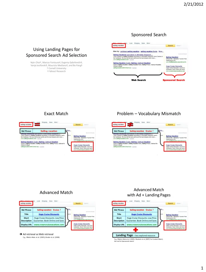 sponsored search using landing pages for sponsored search