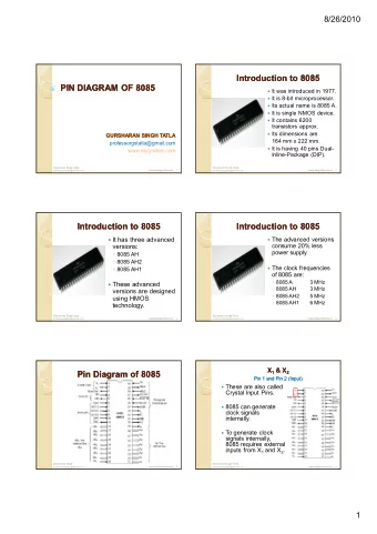 Introduction to 8085  Introduction to 8085  PIN DIAGRAM OF  PIN DIAGRAM OF 8085  8085  It was
