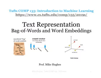 Text Representation  Bag-of-Words and Word Embeddings  count vector  unordered bag  over