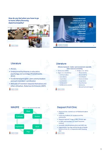 Literatur  ure  Literatur  ure  Effective teamwork = better work environment especially  IPC/E/L