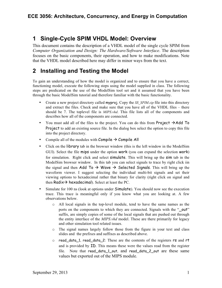 1 single cycle spim vhdl model overview