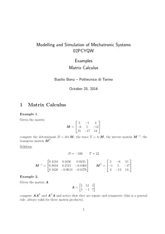 Modelling and Simulation of Mechatronic Systems  02PCYQW  Examples  Matrix Calculus  Basilio Bona