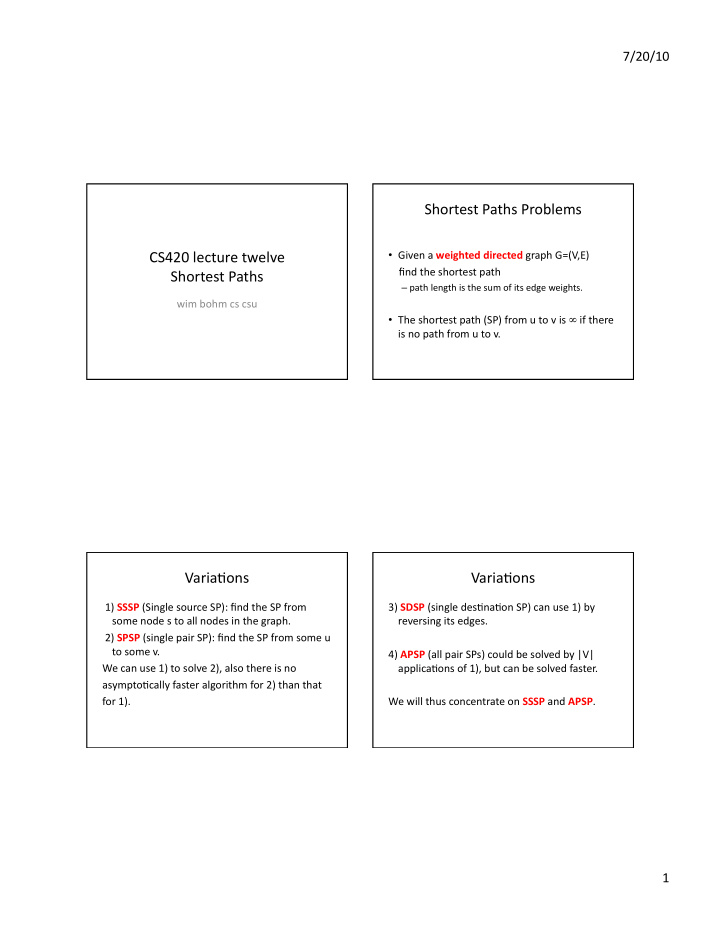 shortest paths problems cs420 lecture twelve