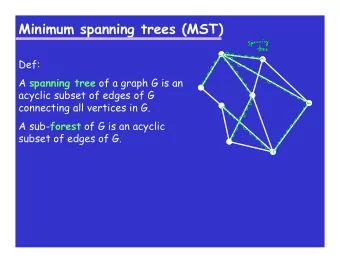Minimum spanning trees (MST)  Def: A spanning tree of a graph G is an  acyclic subset of edges of G