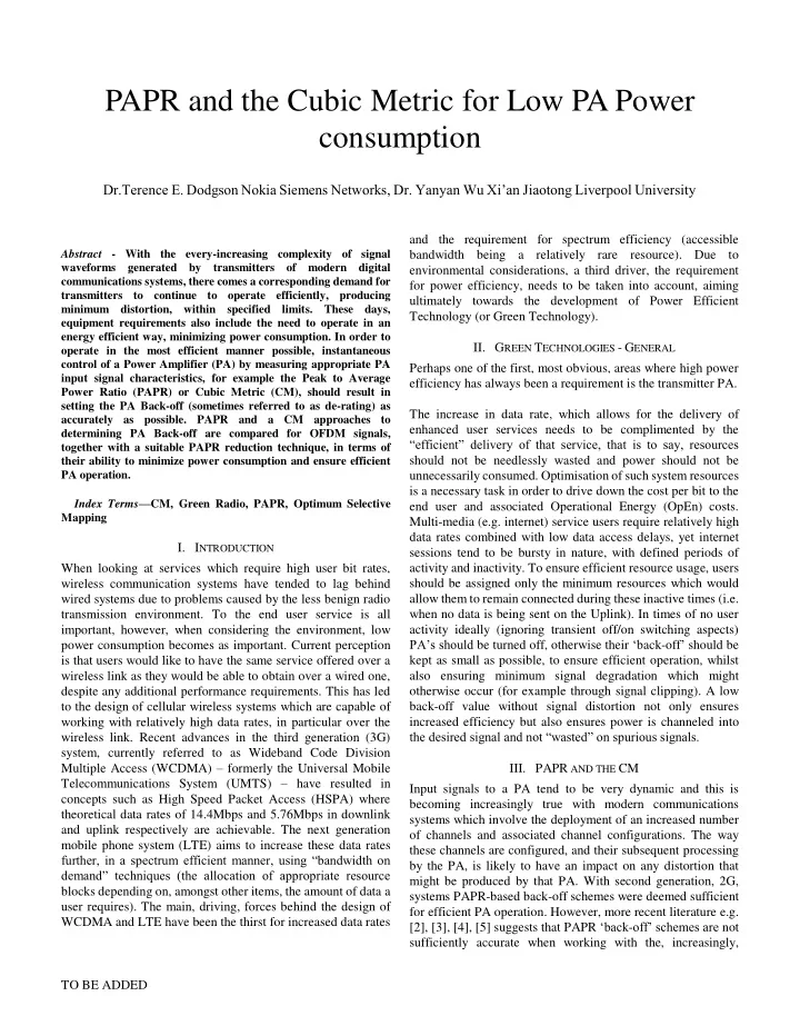 papr and the cubic metric for low pa power consumption