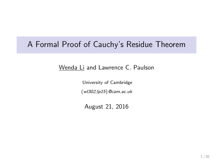 a formal proof of cauchy s residue theorem