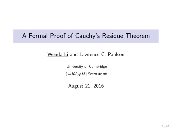 a formal proof of cauchy s residue theorem