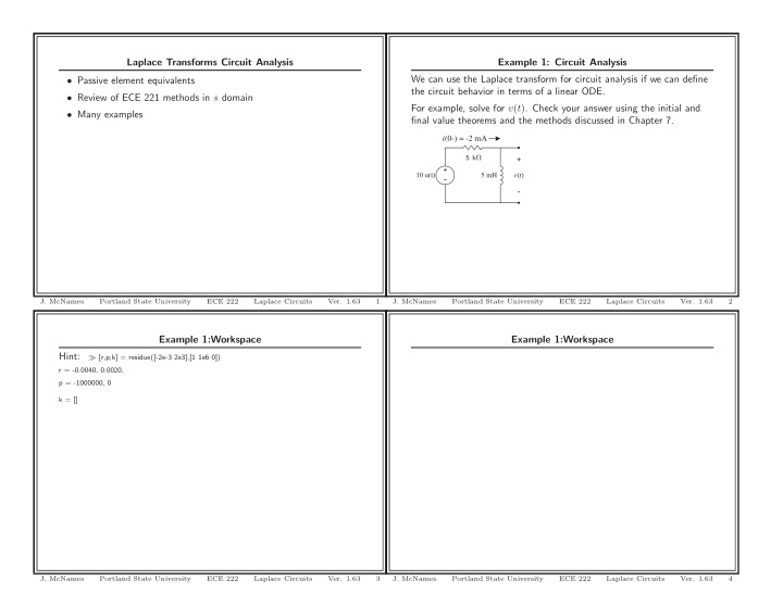 laplace transforms circuit analysis example 1 circuit