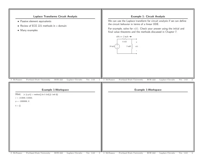 laplace transforms circuit analysis example 1 circuit