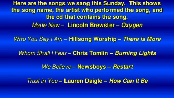 Here are the songs we sang this Sunday.  This shows  the song name, the artist who performed the