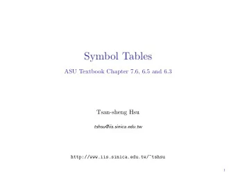 Symbol Tables  ASU Textbook Chapter 7.6, 6.5 and 6.3  Tsan-sheng Hsu  tshsu@iis.sinica.edu.tw