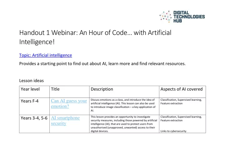 handout 1 webinar an hour of code with artificial