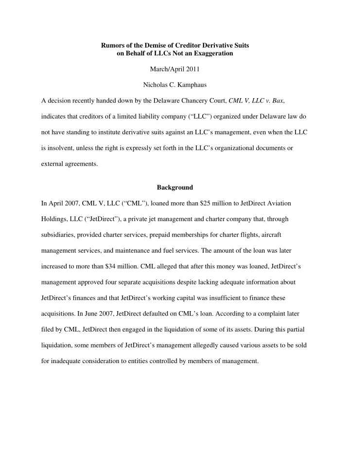 rumors of the demise of creditor derivative suits on
