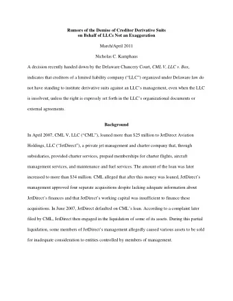Rumors of the Demise of Creditor Derivative Suits on Behalf of LLCs Not an Exaggeration