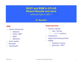 SUSY and BSM in ATLAS  Recent Results and more  selected topics only!!!  G. Azuelos  Supersymmetry