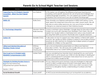 Parents Go to School Night: Teacher-Led Sessions  Session  Facilitators  Session Description