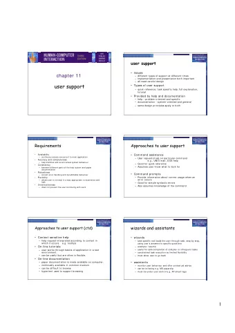 user support   Types of user support   quick reference, task specific help, full explanation,