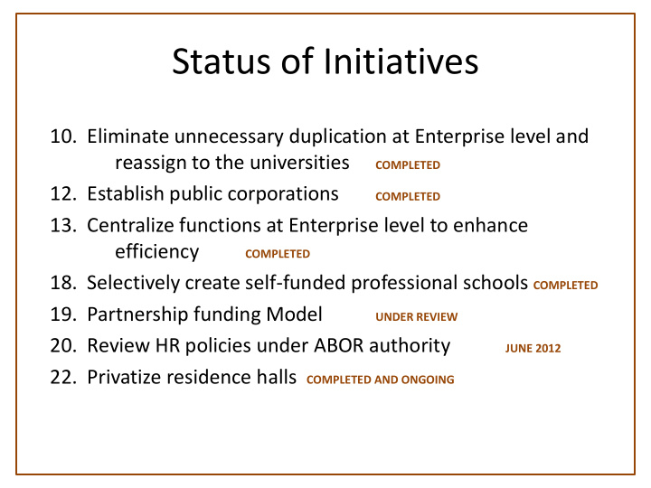 status of initiatives