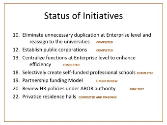Status of Initiatives  10.  Eliminate unnecessary duplication at Enterprise level and  reassign to