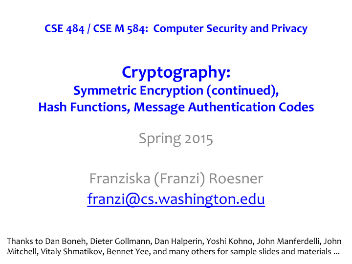 cryptography symmetric encryption continued hash