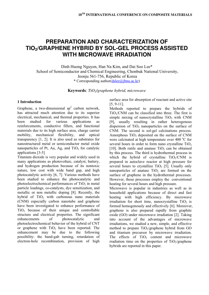 preparation and characterization of tio 2 graphene hybrid