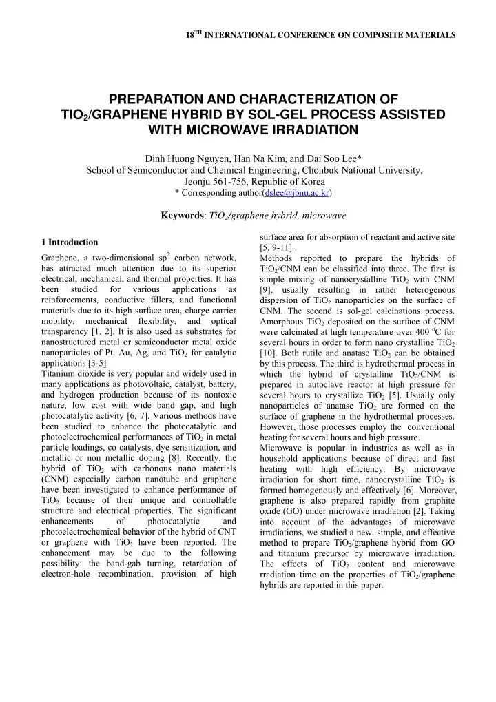 preparation and characterization of tio 2 graphene hybrid