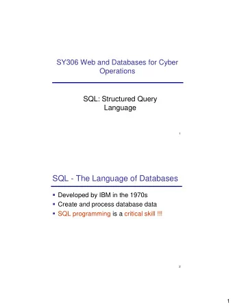 SQL - The Language of Databases  Developed by IBM in the 1970s  Create and process database