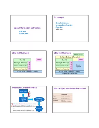 To change  More textrunner,  more pattern learning  Reorder:  Open Information Extraction