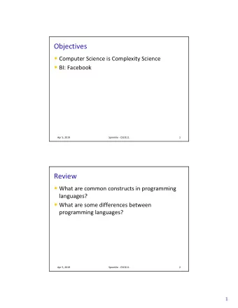 Objectives  Computer Science is Complexity Science  BI: Facebook  Apr 5, 2019  Sprenkle -