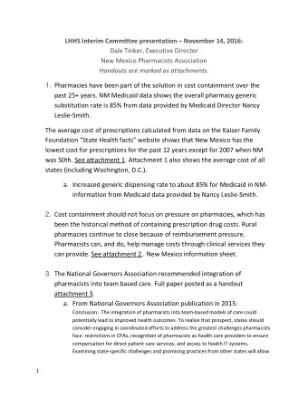 LHHS Interim Committee presentation  November 14, 2016:  Dale Tinker, Executive Director  New