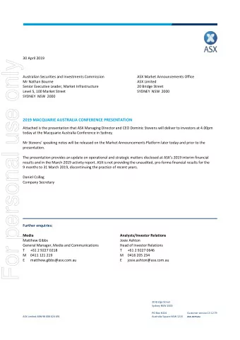 For personal use only  Australian Securities and Investments Commission  ASX Market Announcements