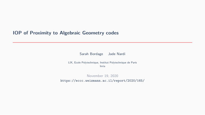 iop of proximity to algebraic geometry codes