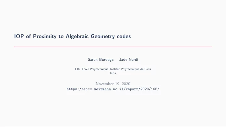 iop of proximity to algebraic geometry codes