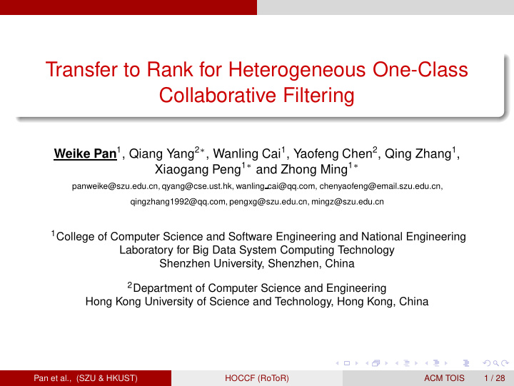 transfer to rank for heterogeneous one class