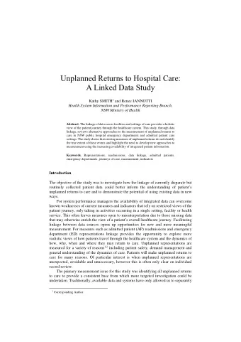 Unplanned Returns to Hospital Care: A Linked Data Study Kathy SMITH 1 and Renee IANNOTTI  Health