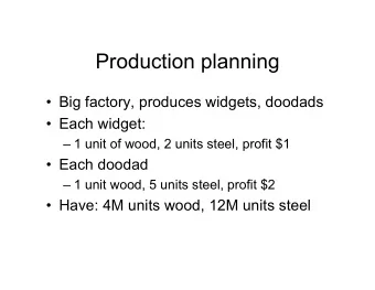 Production planning   Big factory, produces widgets, doodads   Each widget:   1 unit of