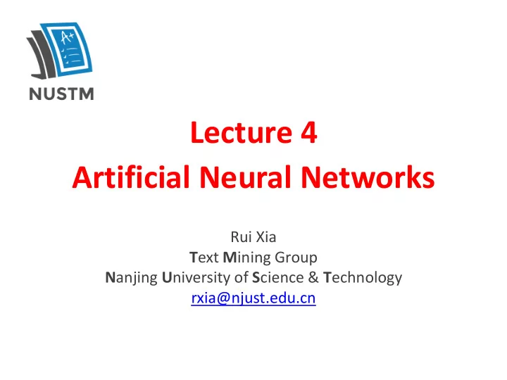 lecture 4 artificial neural networks