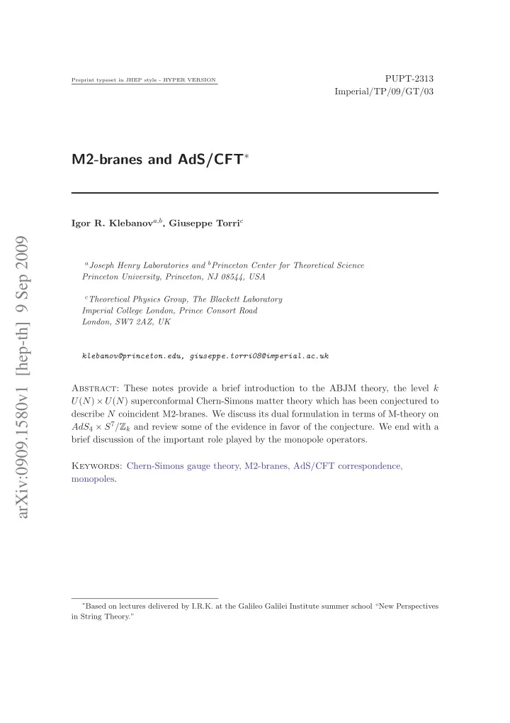 arxiv 0909 1580v1 hep th 9 sep 2009