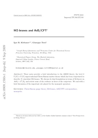 arXiv:0909.1580v1  [hep-th]  9 Sep 2009 a Joseph Henry Laboratories and b Princeton Center for