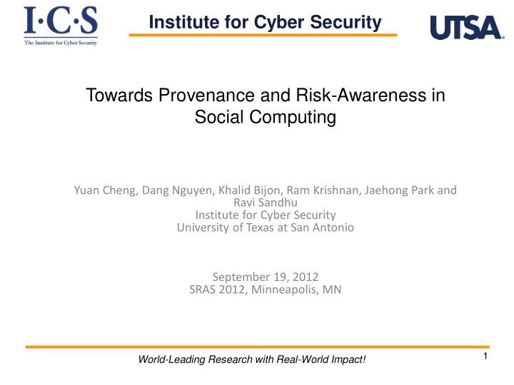 institute for cyber security towards provenance and risk