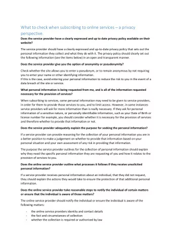 What to check when subscribing to online services  a privacy  perspective.  Does the service