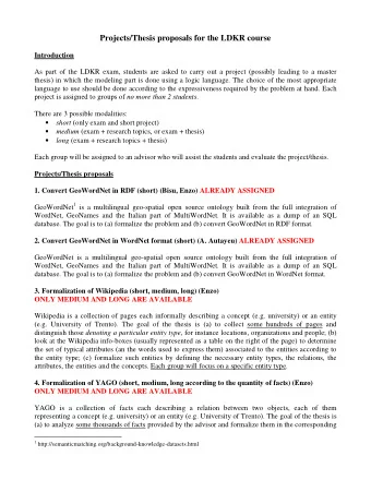 Projects/Thesis proposals for the LDKR course  Introduction  As part of the LDKR exam, students are