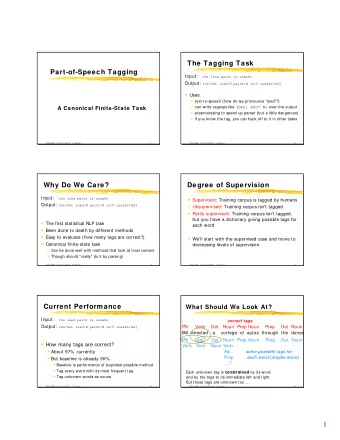 The Tagging Task  Part-of-Speech Tagging Input: the lead paint is unsafe Output: the/Det lead/N