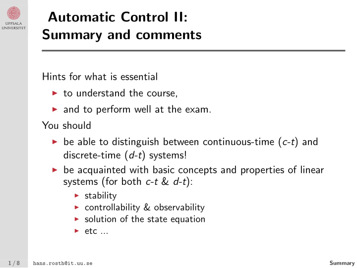 automatic control ii summary and comments