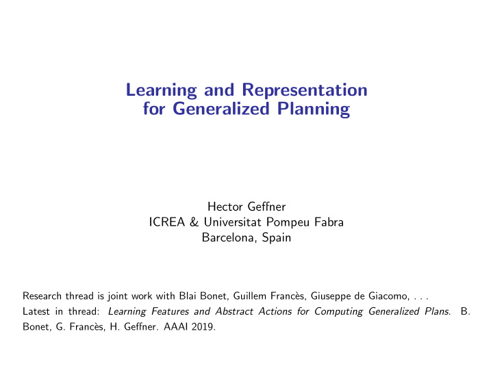 learning and representation for generalized planning