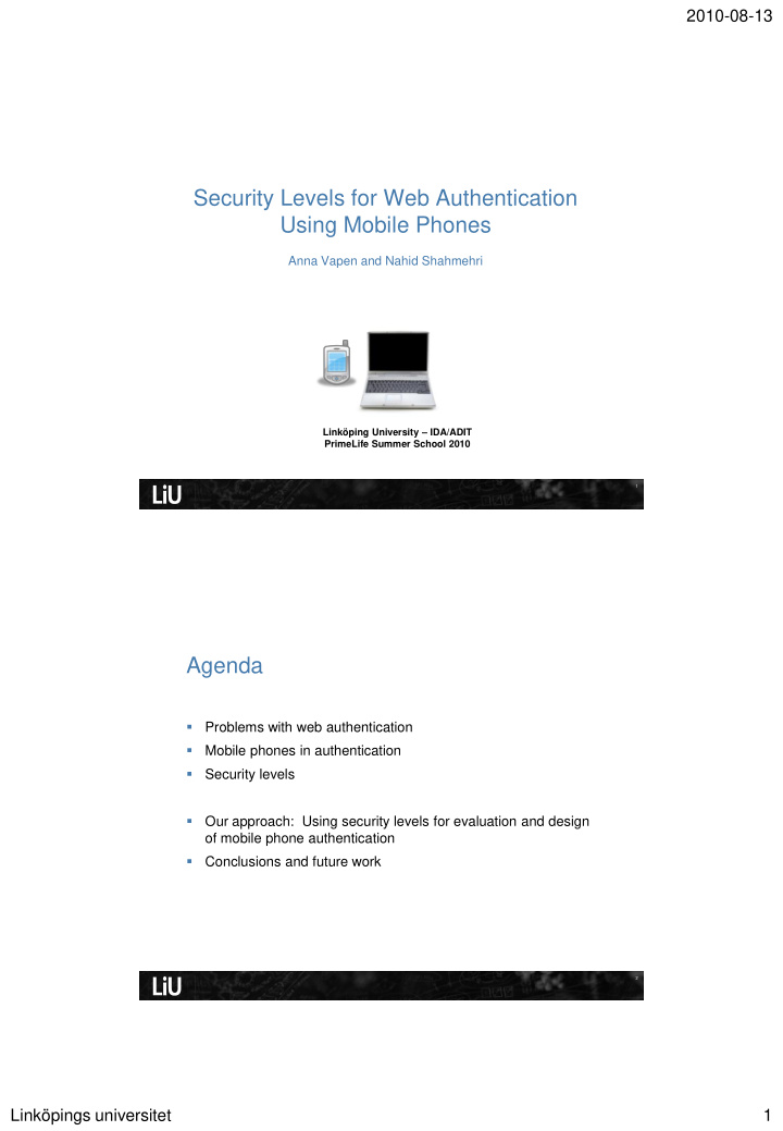 security levels for web authentication using mobile phones