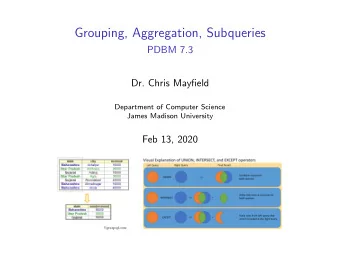 Grouping, Aggregation, Subqueries  PDBM 7.3  Dr. Chris Mayfield  Department of Computer Science