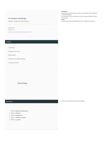 SA Analysis and Design  Goals:  Sofware Architecture VO (706.706)  Learn the main terms and