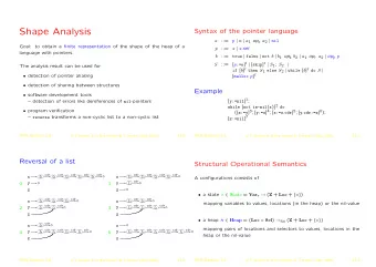 Shape Analysis  Syntax of the pointer language p | n | a 1 op a a 2 | nil  a  ::=  Goal: to obtain