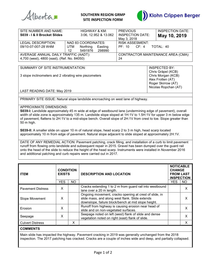 southern region grmp site inspection form